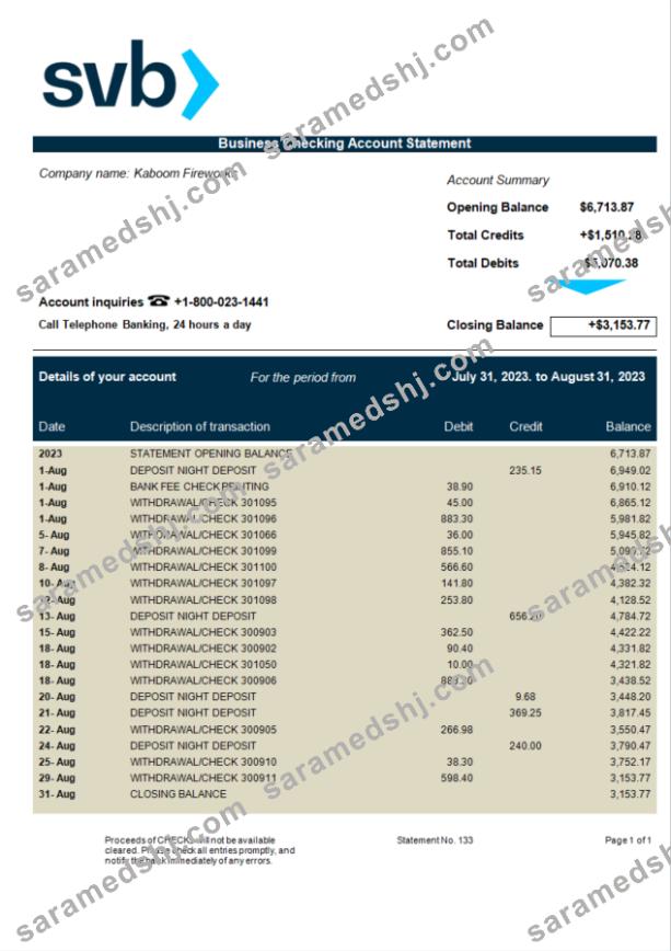 SVB Bank firm statement Word and PDF template